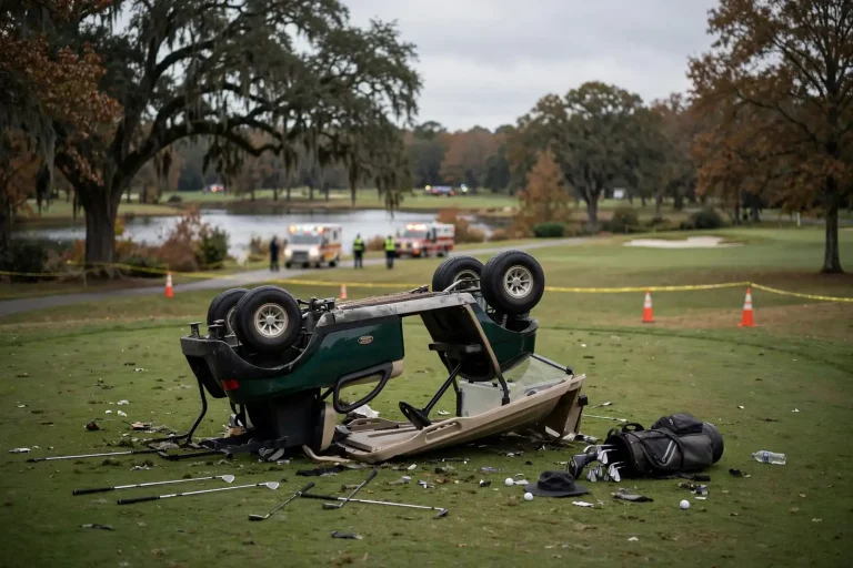 Toppled golf cart beside a golf course path with first responders and an air ambulance in the background