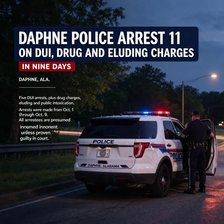 A Daphne Police Department patrol car with emergency lights on along a city street at night