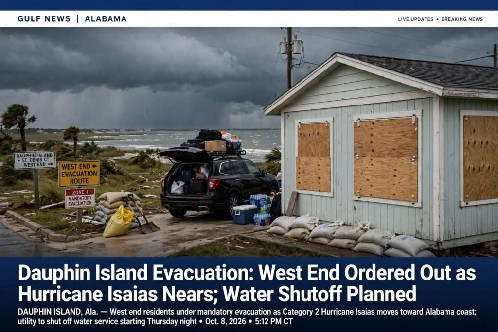 Illustration for the news story: Dauphin Island Evacuation: West End Ordered Out as Hurricane Isaias Nears; Water Shutoff Planned