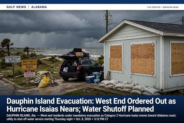 Illustration for the news story: Dauphin Island Evacuation: West End Ordered Out as Hurricane Isaias Nears; Water Shutoff Planned