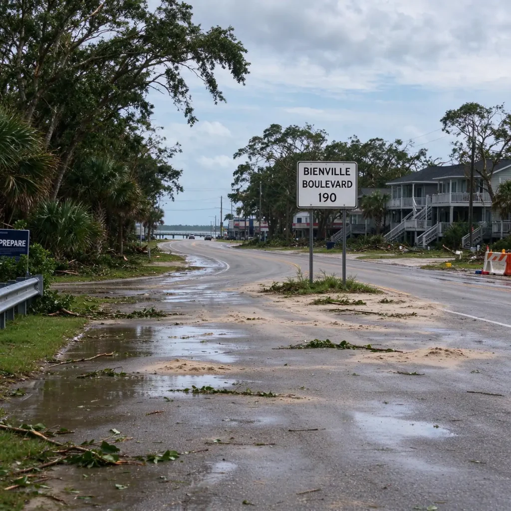 Sand drifted across Bienville Boulevard on Dauphin Island after Hurricane Isaias, with beach homes on pilings in the background