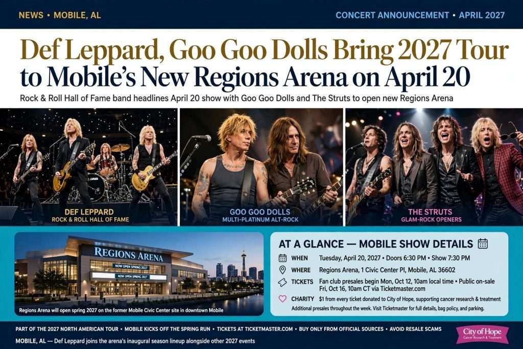 Illustration for the news story: Def Leppard, Goo Goo Dolls Bring 2027 Tour to Mobile’s New Regions Arena on April 20