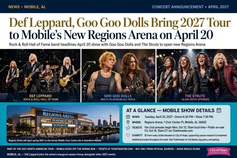 Illustration for the news story: Def Leppard, Goo Goo Dolls Bring 2027 Tour to Mobile’s New Regions Arena on April 20