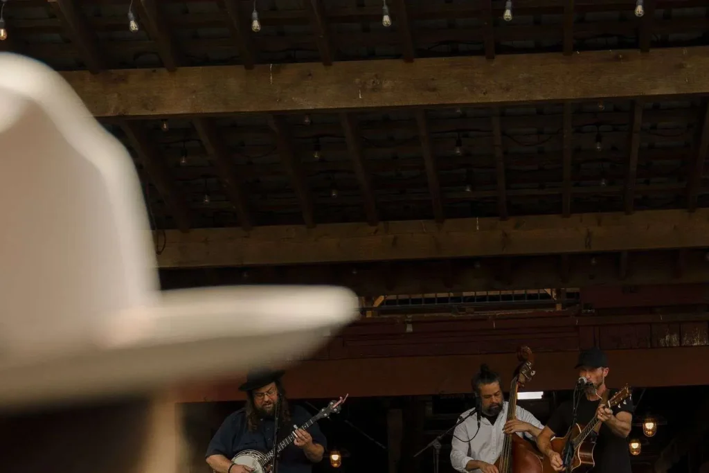 Musicians playing banjo, upright bass and guitar on a stage