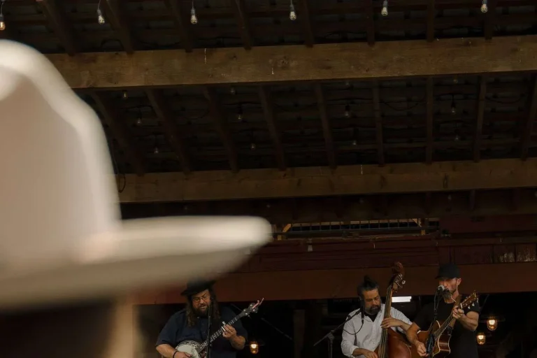 Musicians playing banjo, upright bass and guitar on a stage