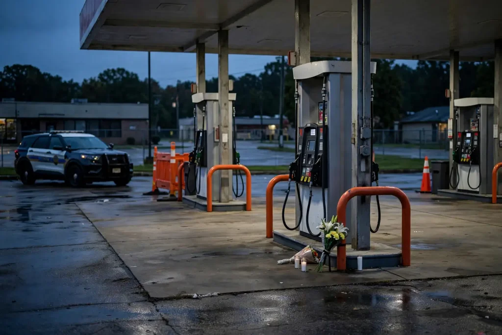 Gas station pumps at night under canopy lights