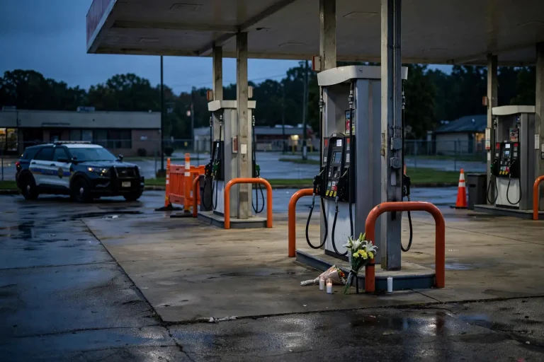 Gas station pumps at night under canopy lights