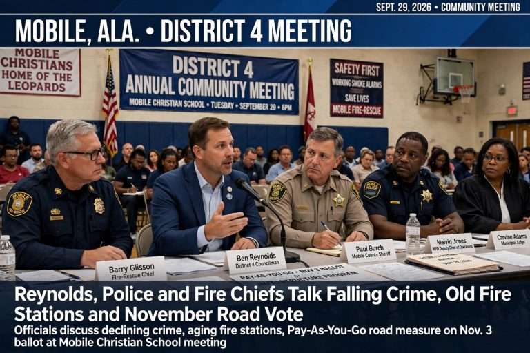 Illustration for the news story: District 4 Meeting: Reynolds, Police and Fire Chiefs Talk Falling Crime, Old Fire Stations and a November Road Vote