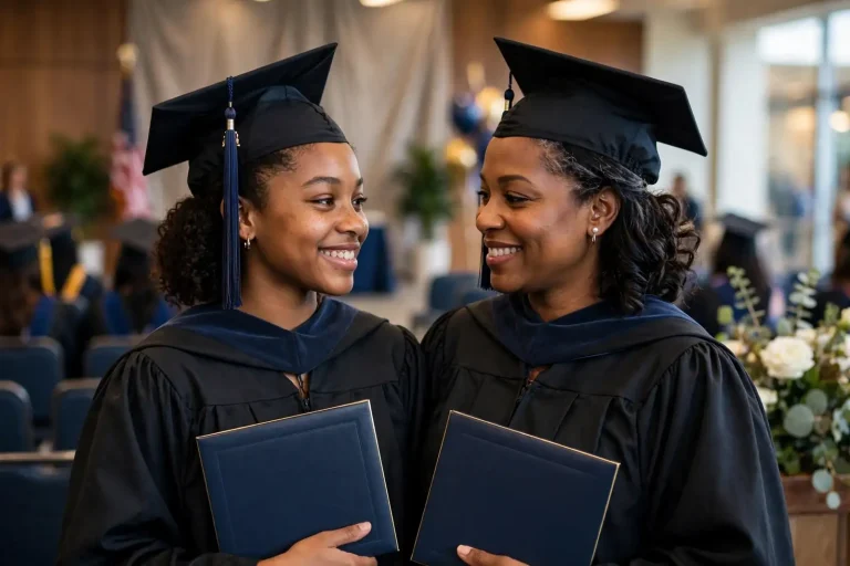 A young woman in doctoral regalia and her mother in a graduation gown standing together at a university commencement ceremony