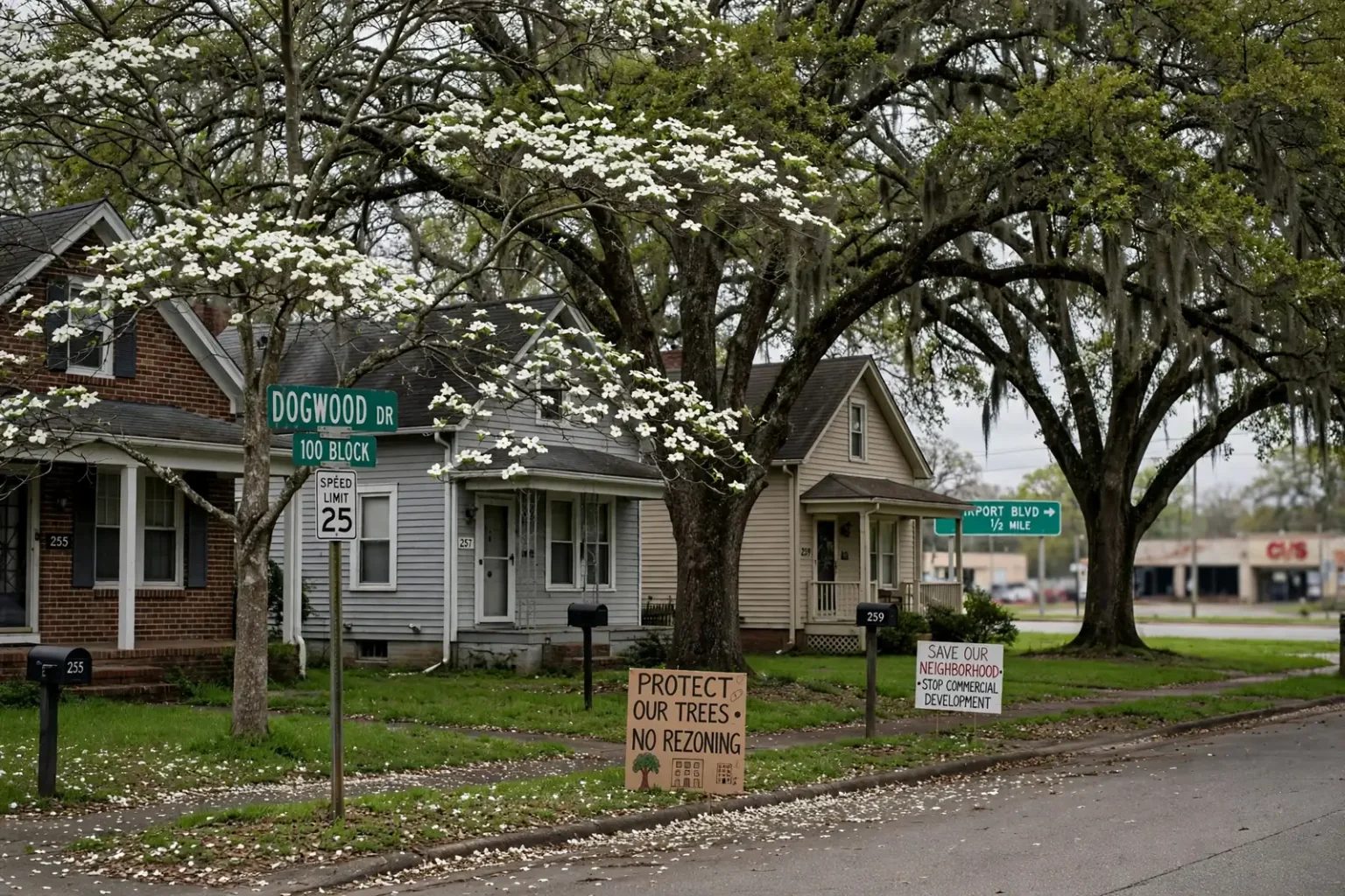 A quiet tree-lined residential street with single-family homes near a busy commercial intersection in Mobile, Alabama