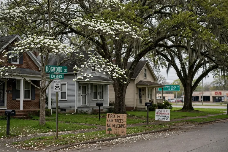 A quiet tree-lined residential street with single-family homes near a busy commercial intersection in Mobile, Alabama