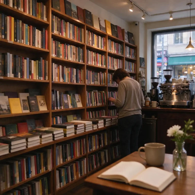 Shopkeeper arranging books on wooden display with a small espresso bar counter and customers browsing