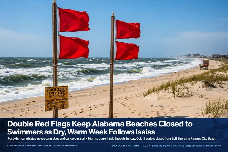 Two red warning flags snapping in the wind on a lifeguard stand beside rough, whitecapped Gulf surf on a sunny beach with no swimmers in the water