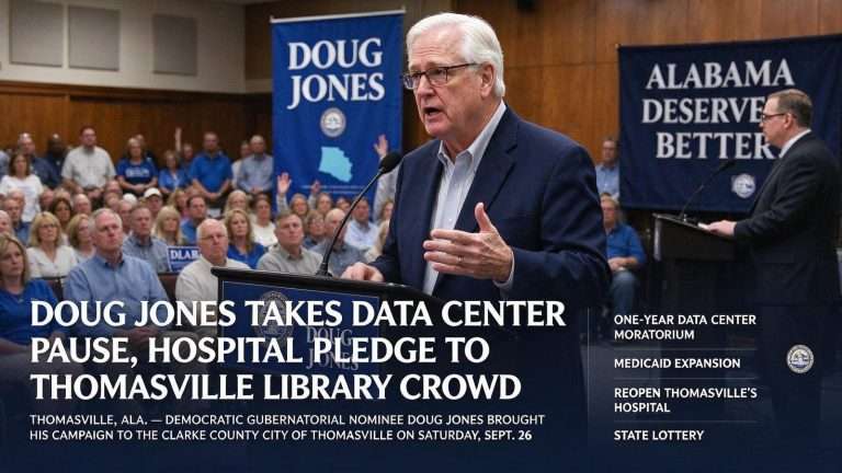 Illustration for the news story: Doug Jones Takes Data Center Pause, Hospital Pledge to Thomasville Library Crowd