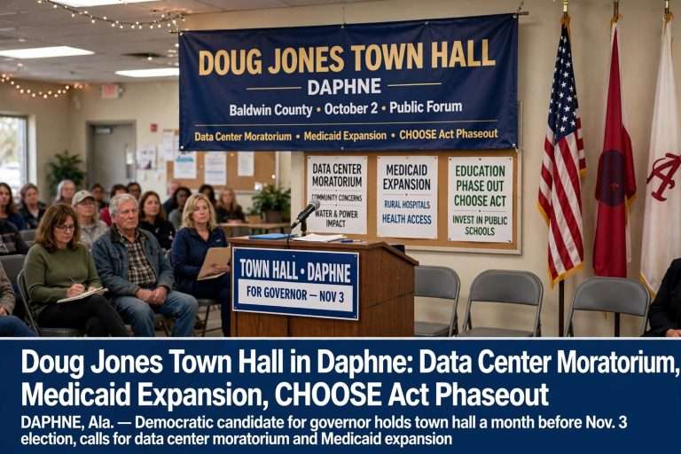 Illustration for the news story: Doug Jones Town Hall in Daphne: Data Center Moratorium, Medicaid Expansion, CHOOSE Act Phaseout