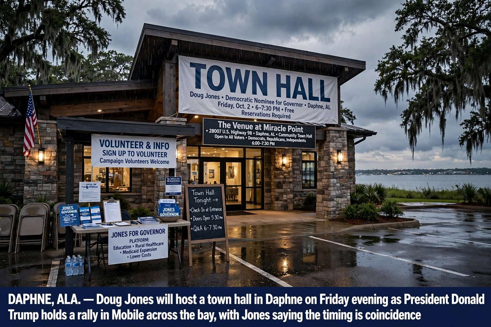 Illustration for the news story: Doug Jones Will Hold Daphne Town Hall as Trump Rallies in Mobile, but Says the Timing Is Coincidence