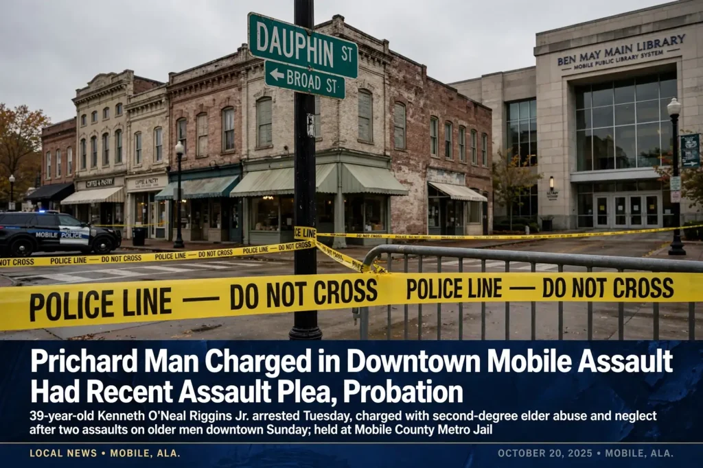 Downtown Mobile street corner at Dauphin and Broad streets with historic buildings and police tape