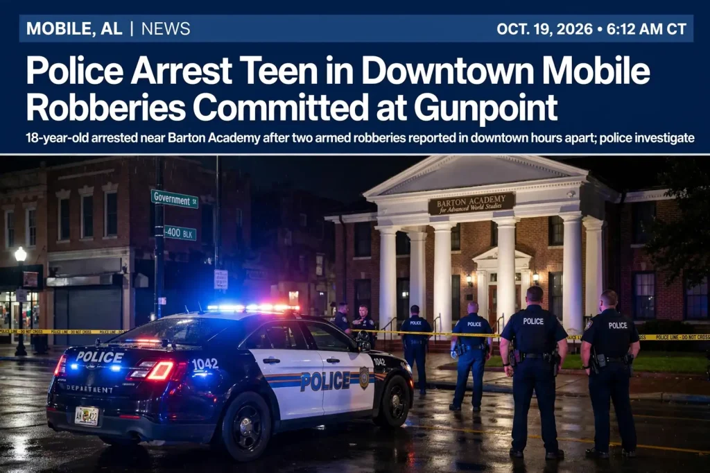 Police patrol car parked on a quiet downtown street lined with historic buildings in the early morning light
