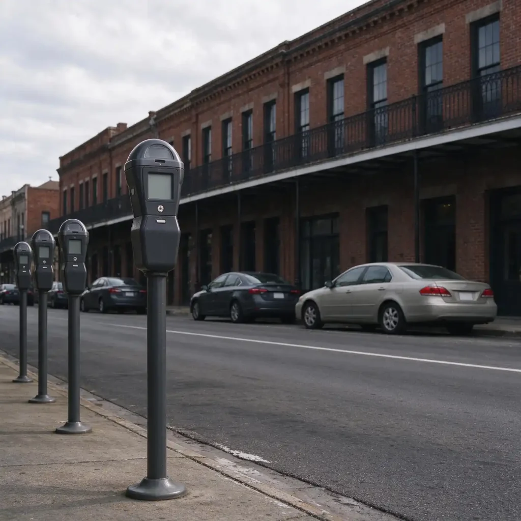Row of parking meters along a downtown street lined with historic brick buildings and parked cars