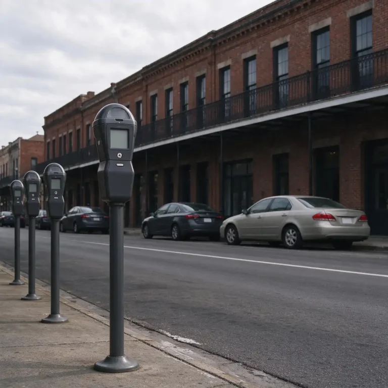Row of parking meters along a downtown street lined with historic brick buildings and parked cars