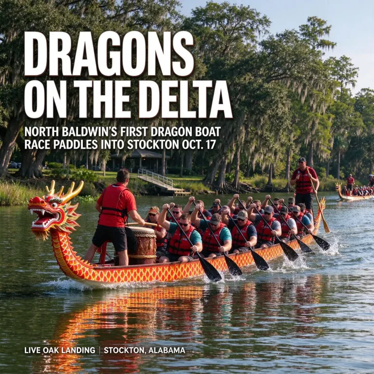 Teams paddle colorful dragon boats with carved dragon heads on the Tensaw River at Live Oak Landing in Stockton