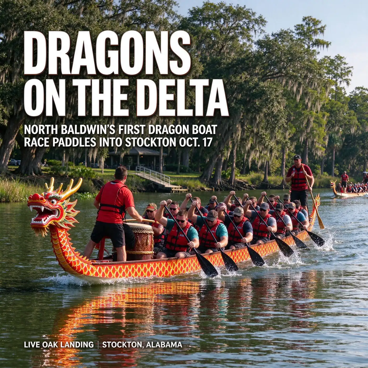 Teams paddle colorful dragon boats with carved dragon heads on the Tensaw River at Live Oak Landing in Stockton