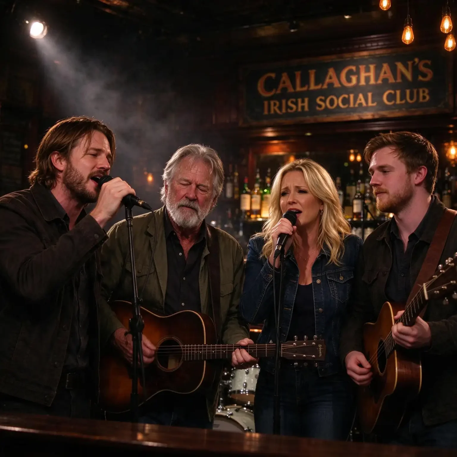 Singer-songwriter playing acoustic guitar with a small band in a cozy pub
