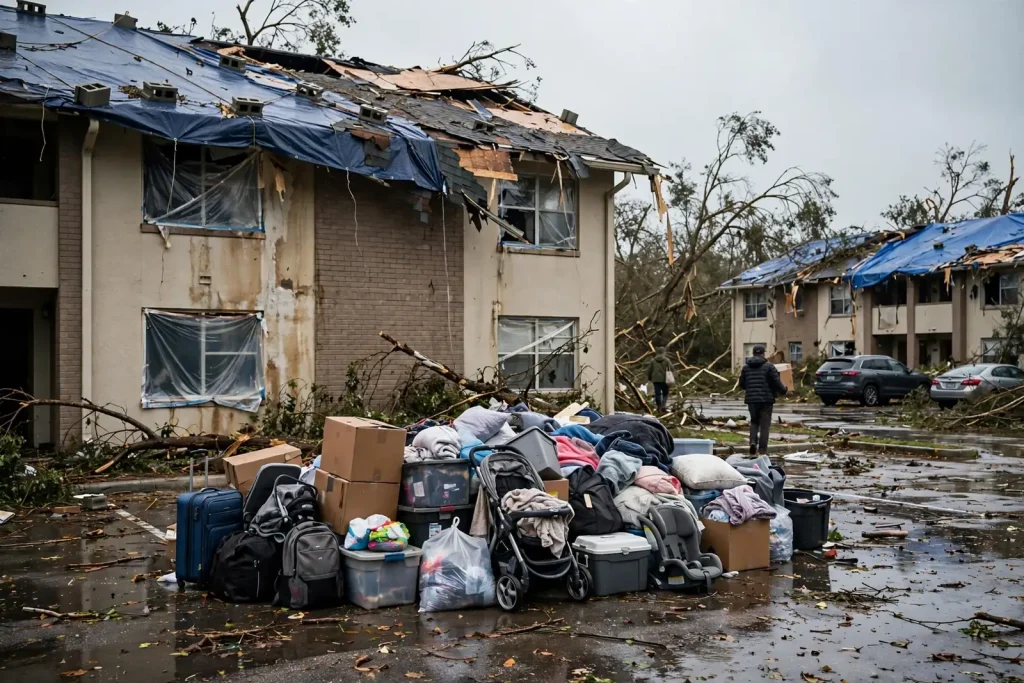Two-story apartment buildings with storm-damaged roofs covered by tarps