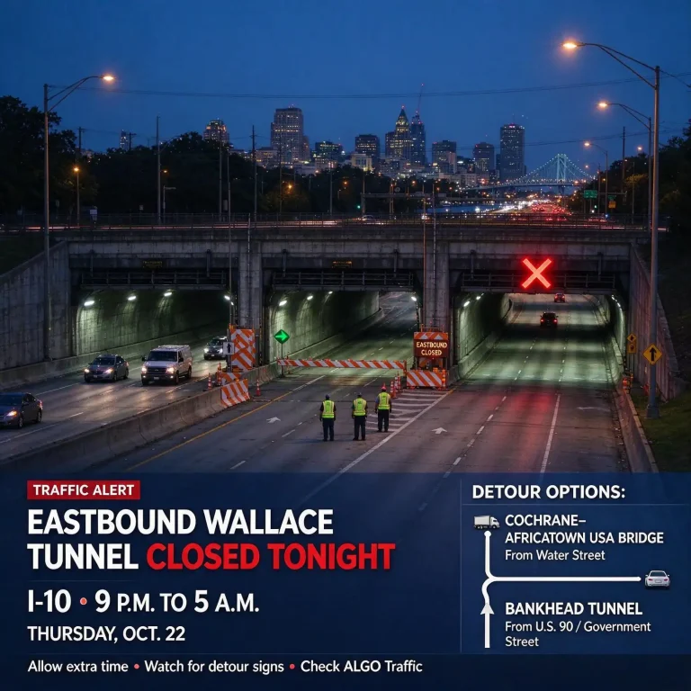 Wallace Tunnel closure - Eastbound Wallace Tunnel Closure Tonight: I-10 Shut 9 p.m. to 5 a.m. for Maintenance