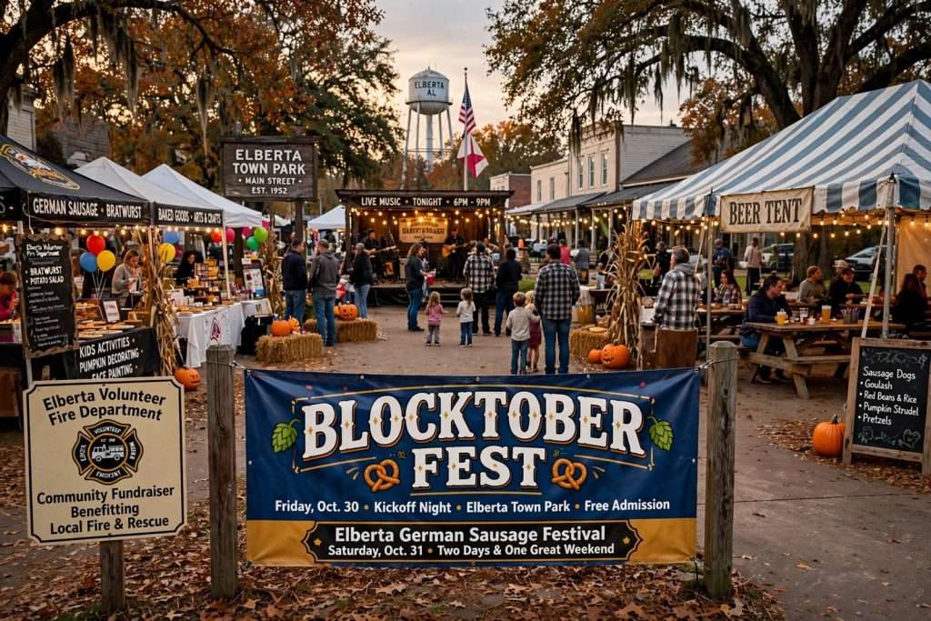 Illustration for the news story: Elberta Adds Blocktober Fest, Turning Its Fall Sausage Festival Into a Two-Day Weekend