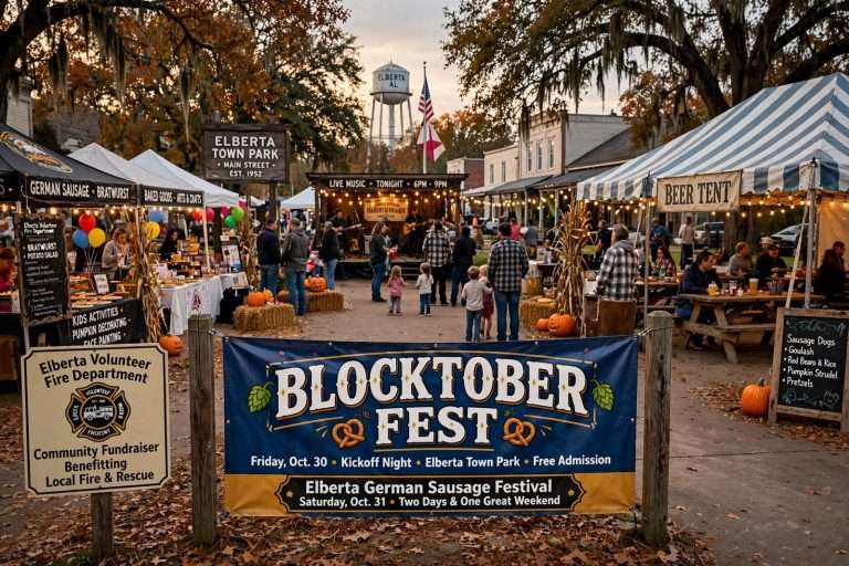 Illustration for the news story: Elberta Adds Blocktober Fest, Turning Its Fall Sausage Festival Into a Two-Day Weekend