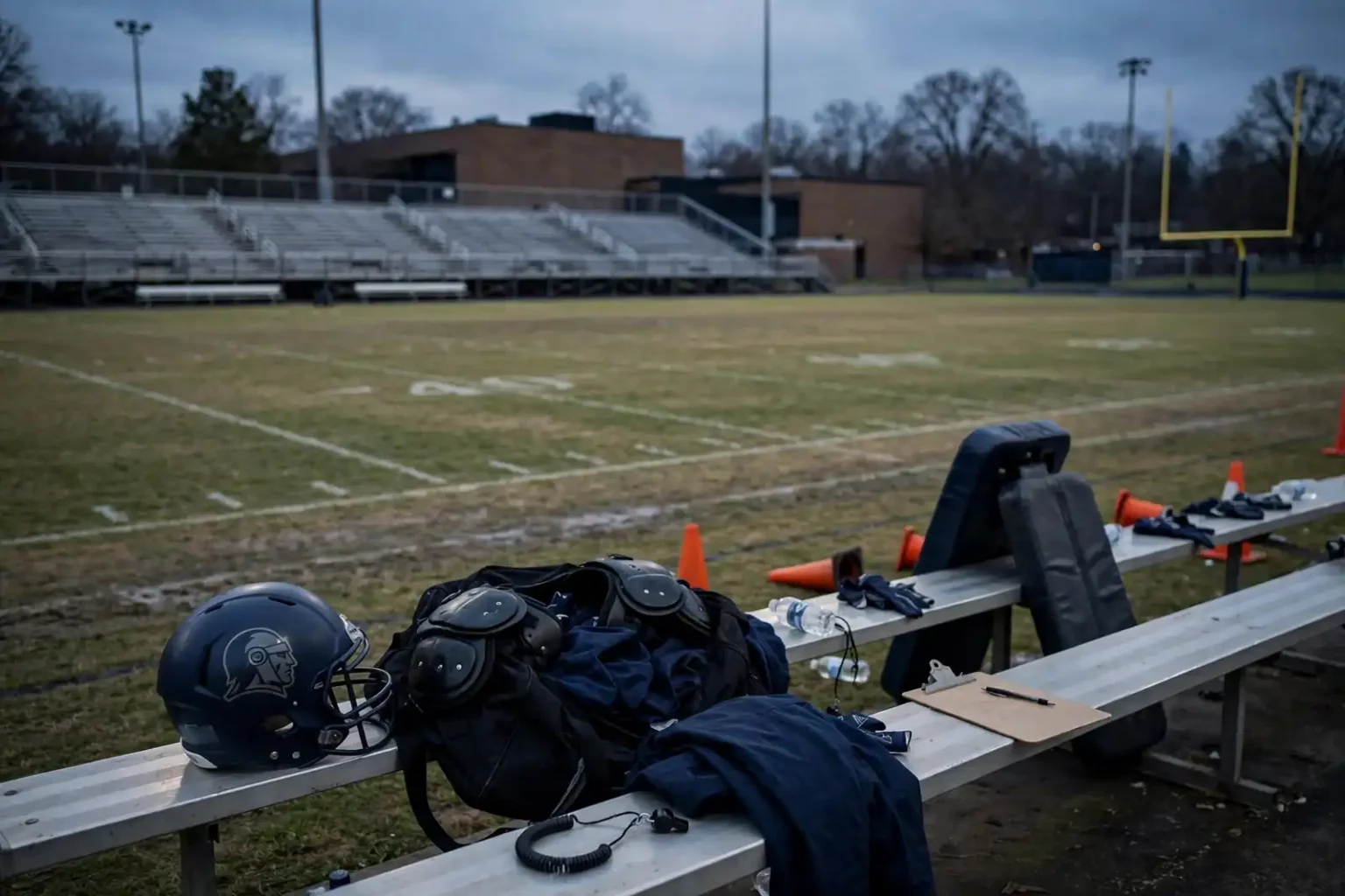 High school football field with goalposts and empty bleachers at dusk