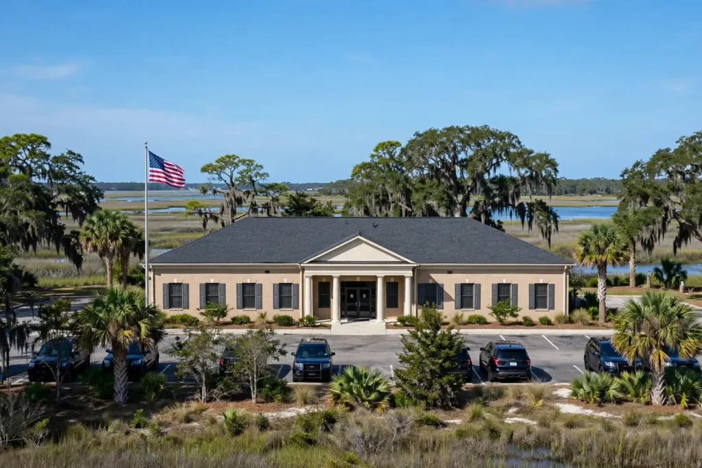 Single-story government building with an American flag surrounded by marsh and pine trees