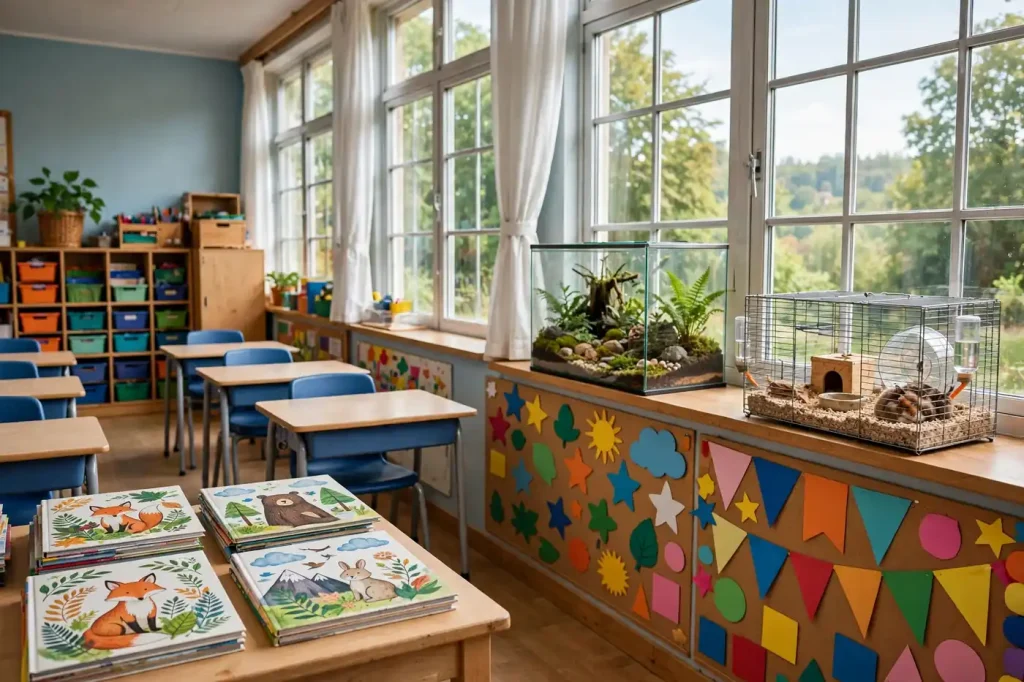 Sunny elementary classroom with a hamster cage and terrarium on a windowsill shelf near student desks