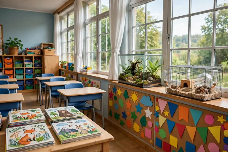 Sunny elementary classroom with a hamster cage and terrarium on a windowsill shelf near student desks