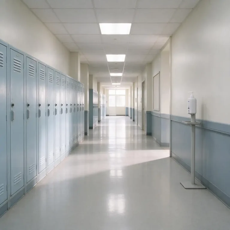 Empty school hallway lined with lockers and a hand-sanitizer station