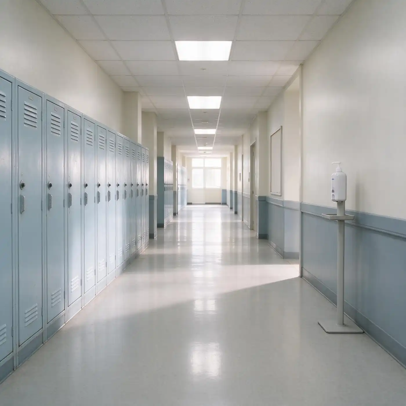 Empty school hallway lined with lockers and a hand-sanitizer station