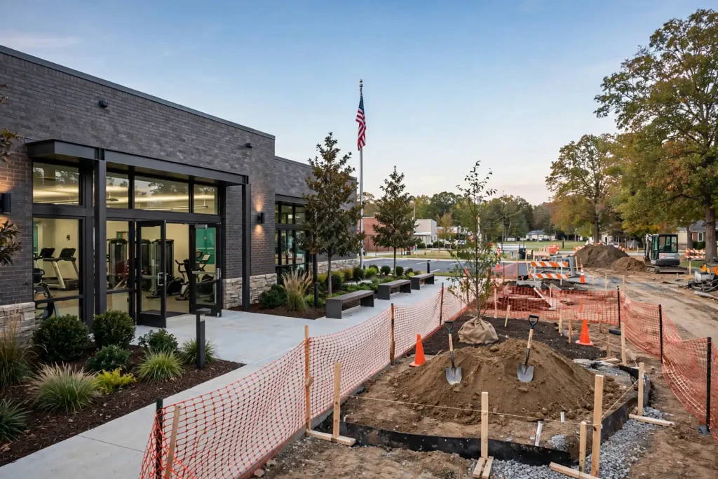 A brick YMCA fitness center beside a fenced construction site with shovels and fresh dirt, representing the Enterprise YMCA childcare center groundbreaking