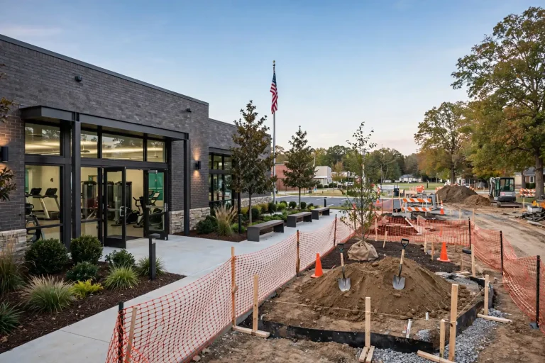 A brick YMCA fitness center beside a fenced construction site with shovels and fresh dirt, representing the Enterprise YMCA childcare center groundbreaking