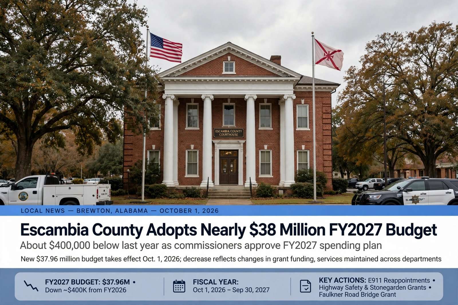 Illustration for the news story: Escambia County Adopts Nearly $38 Million FY2027 Budget, About $400,000 Below Last Year