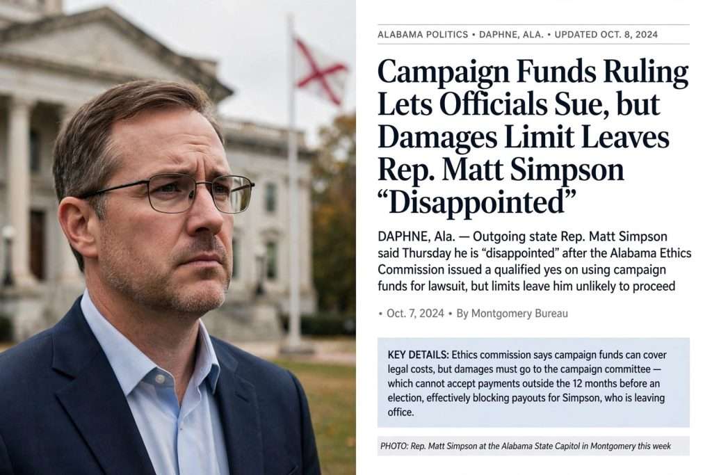 Illustration for the news story: Campaign Funds Ruling Lets Officials Sue, but Damages Limit Leaves Rep. Matt Simpson ‘Disappointed’