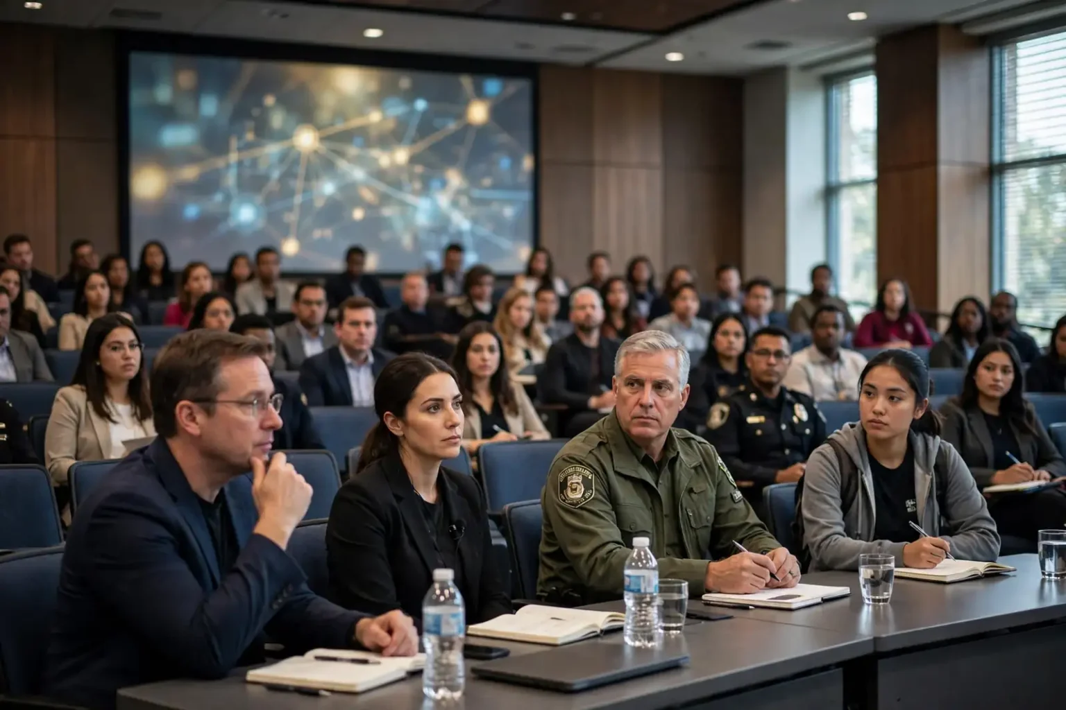 Business, law enforcement and student attendees listen to a presentation with a network graphic on screen, representing the Everett Symposium on ethical AI