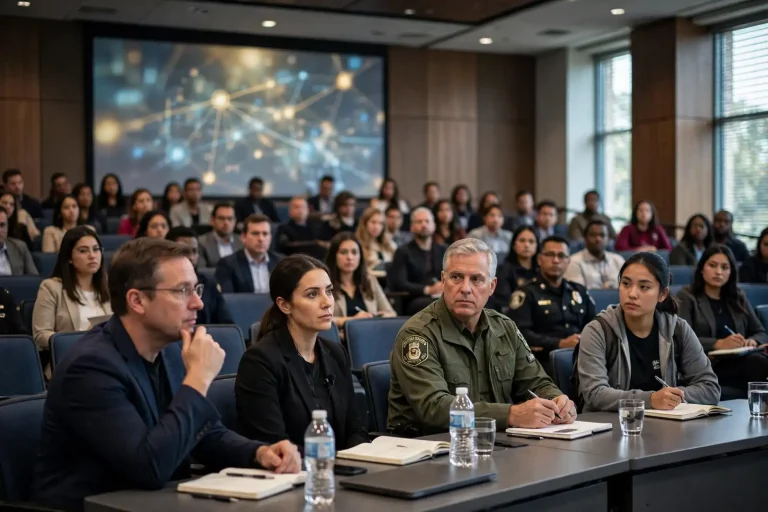 Business, law enforcement and student attendees listen to a presentation with a network graphic on screen, representing the Everett Symposium on ethical AI