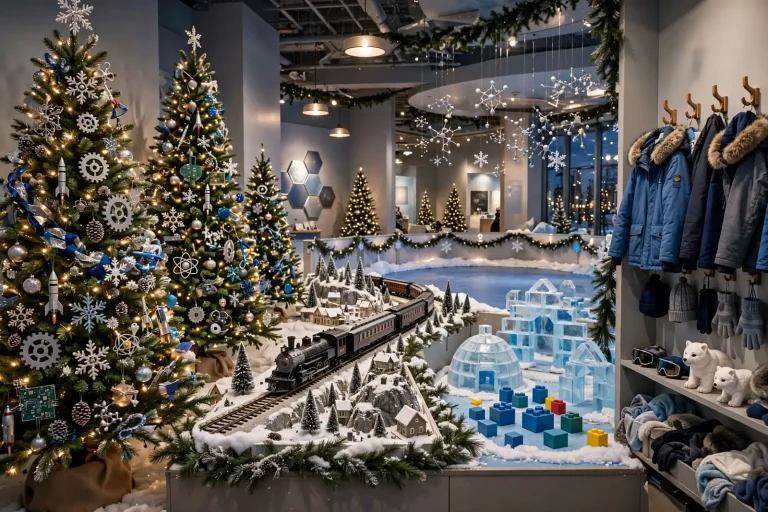 Decorated holiday trees beside a model train layout inside a museum gallery with winter-themed decorations