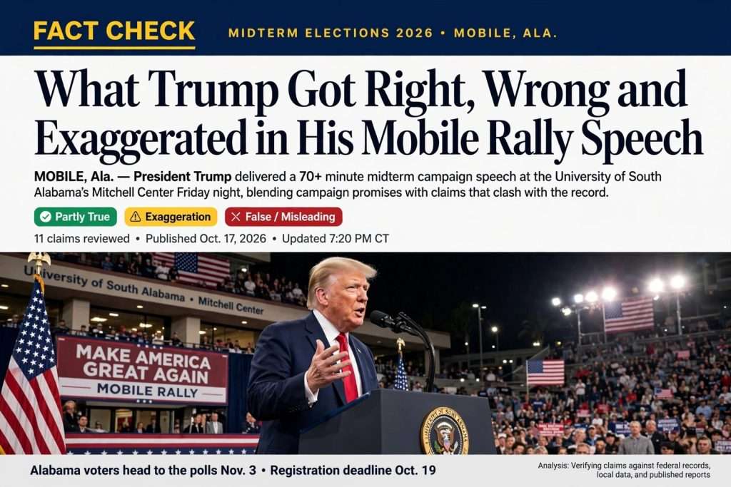 Illustration for the news story: Fact Check: What Trump Got Right, Wrong and Exaggerated in His Mobile Rally Speech