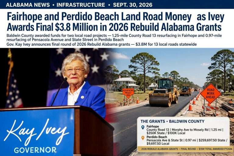 Illustration for the news story: Fairhope and Perdido Beach Land Road Money as Ivey Awards Final $3.8 Million in 2026 Rebuild Alabama Grants