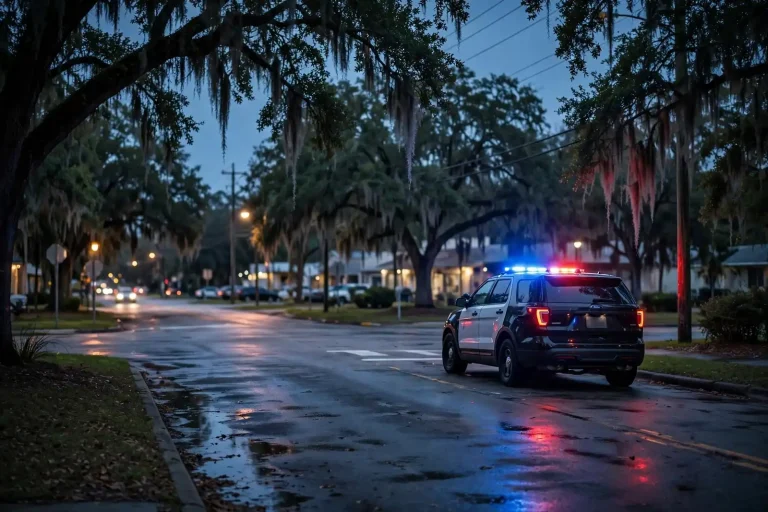 Police car with lights flashing during a nighttime traffic stop on a suburban road