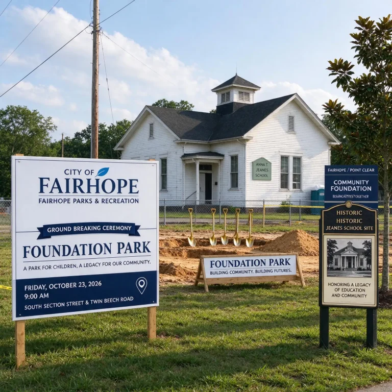 Groundbreaking ceremony sign for Foundation Park with gold shovels in front of a white historic schoolhouse