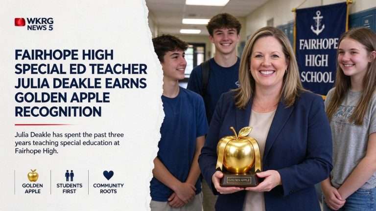 Illustration for the news story: Fairhope High Special Education Teacher Julia Deakle Earns Golden Apple Recognition