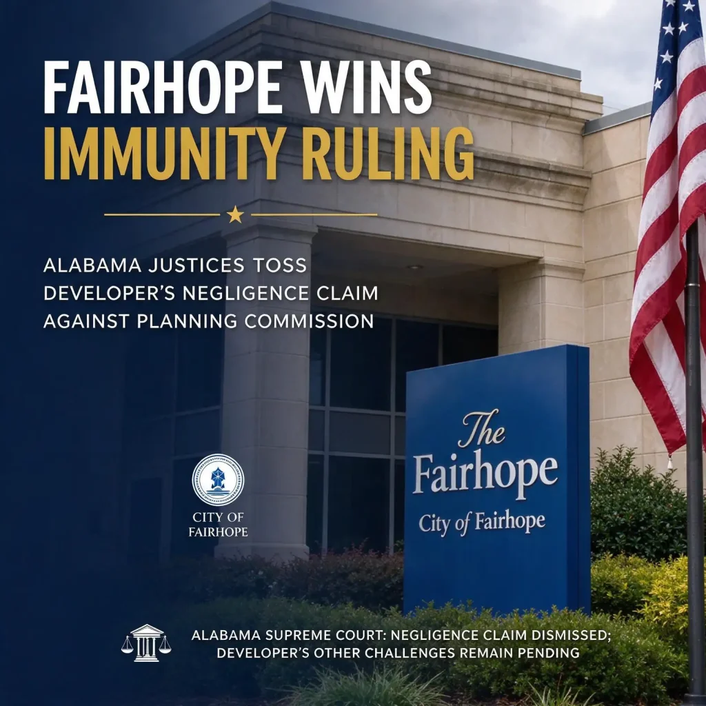 Government building with a blue City of Fairhope sign and American flag beneath headline text about the immunity ruling